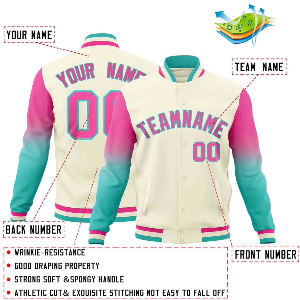 Custom Cream Pink Bright Green Full-Snap Varsity Raglan Sleeves Gradient Letterman Jacket