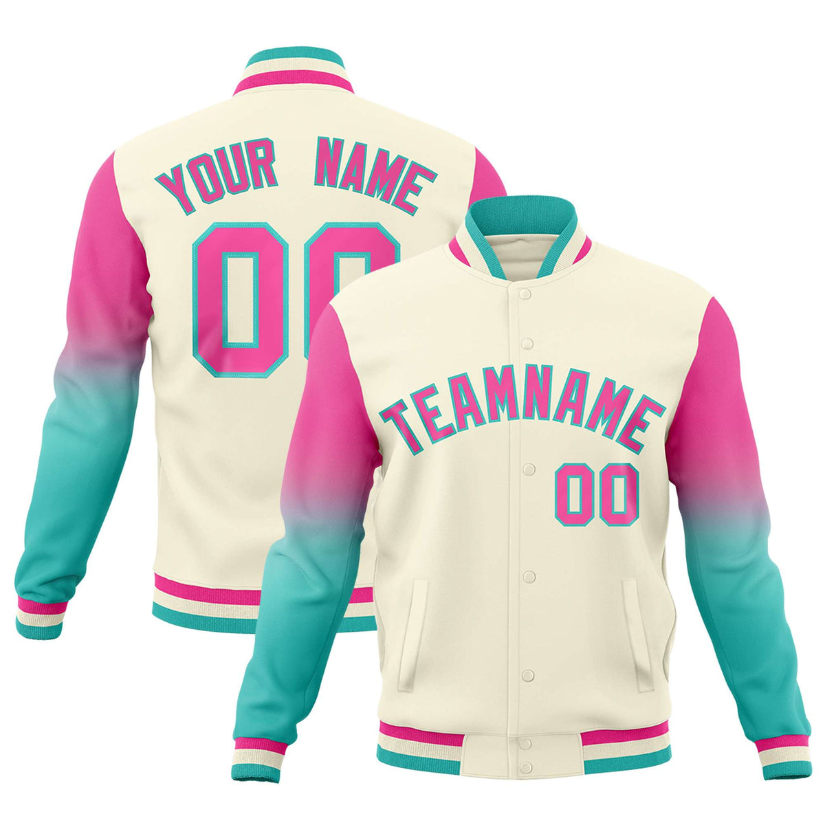 Custom Cream Pink Bright Green Full-Snap Varsity Raglan Sleeves Gradient Letterman Jacket