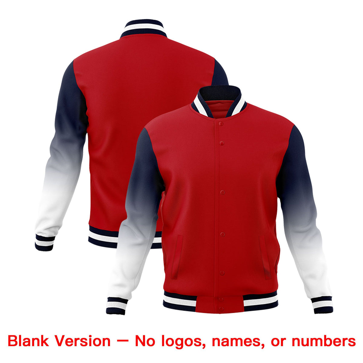 Custom Red Navy White Full-Snap Varsity Raglan Sleeves Gradient Letterman Jacket| KXKSHOP