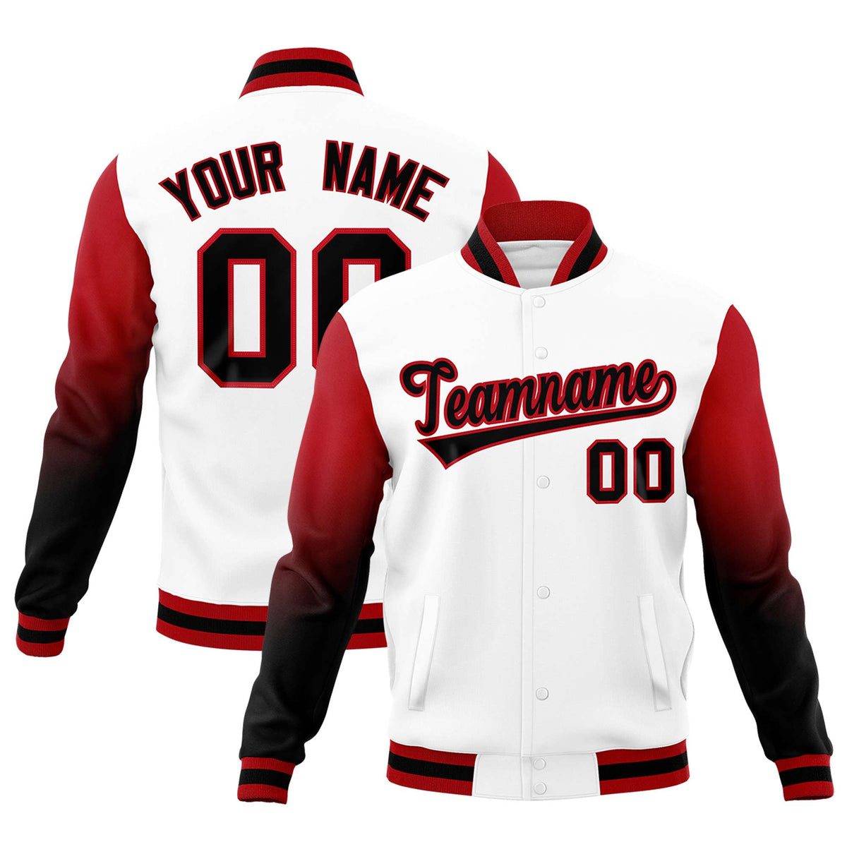 Custom White Black Red Full-Snap Varsity Raglan Sleeves Gradient Letterman Jacket| KXKSHOP