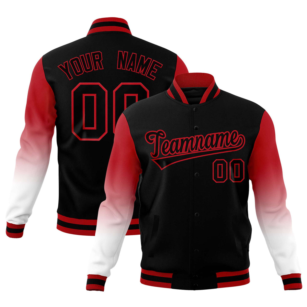 Custom Black White Red Full-Snap Varsity Raglan Sleeves Gradient Letterman Jacket| KXKSHOP