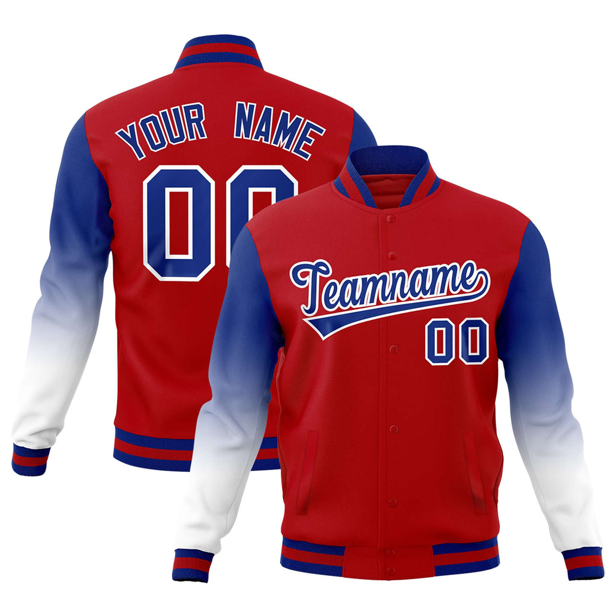 Custom Red Royal Blue White Full-Snap Varsity Raglan Sleeves Gradient Letterman Jacket| KXKSHOP