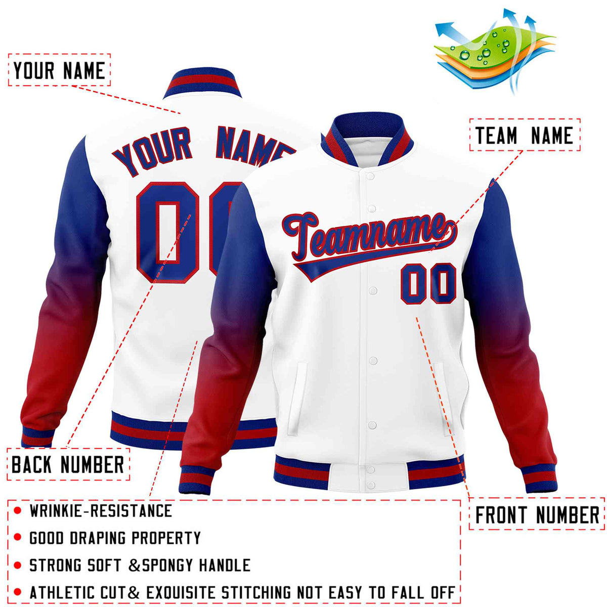 Custom White Royal Blue Red Full-Snap Varsity Raglan Sleeves Gradient Letterman Jacket| KXKSHOP