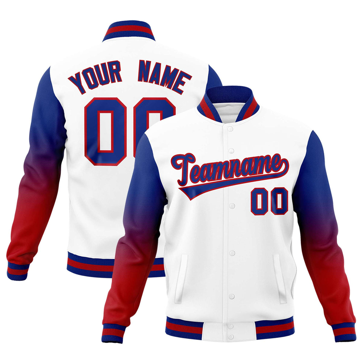 Custom White Royal Blue Red Full-Snap Varsity Raglan Sleeves Gradient Letterman Jacket| KXKSHOP