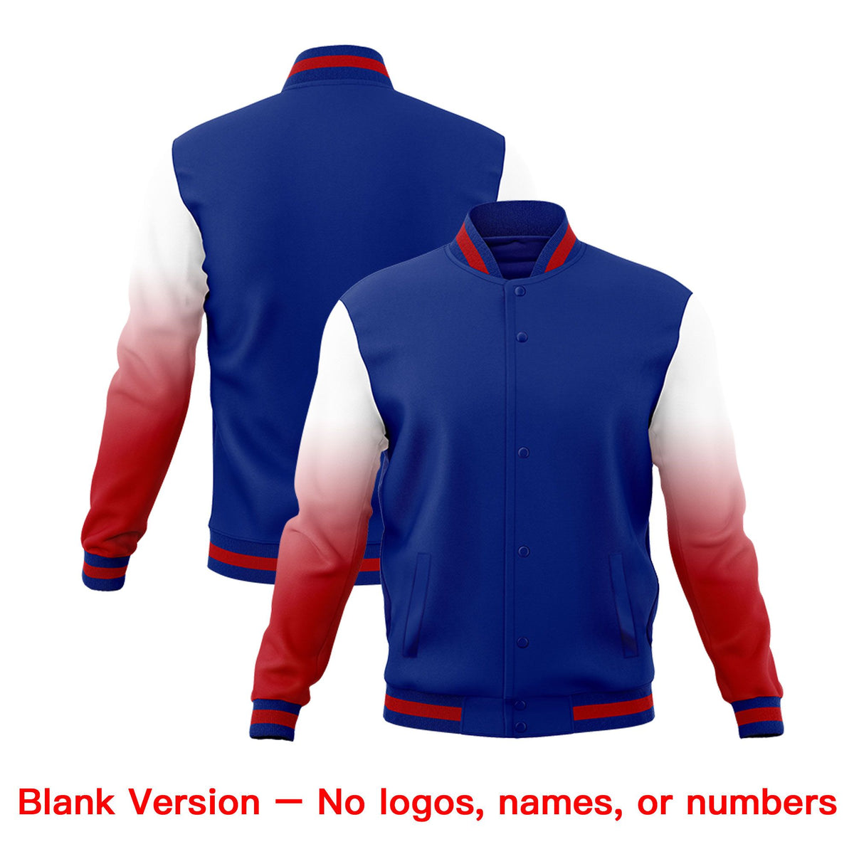Custom Royal Blue White Red Full-Snap Varsity Raglan Sleeves Gradient Letterman Jacket| KXKSHOP