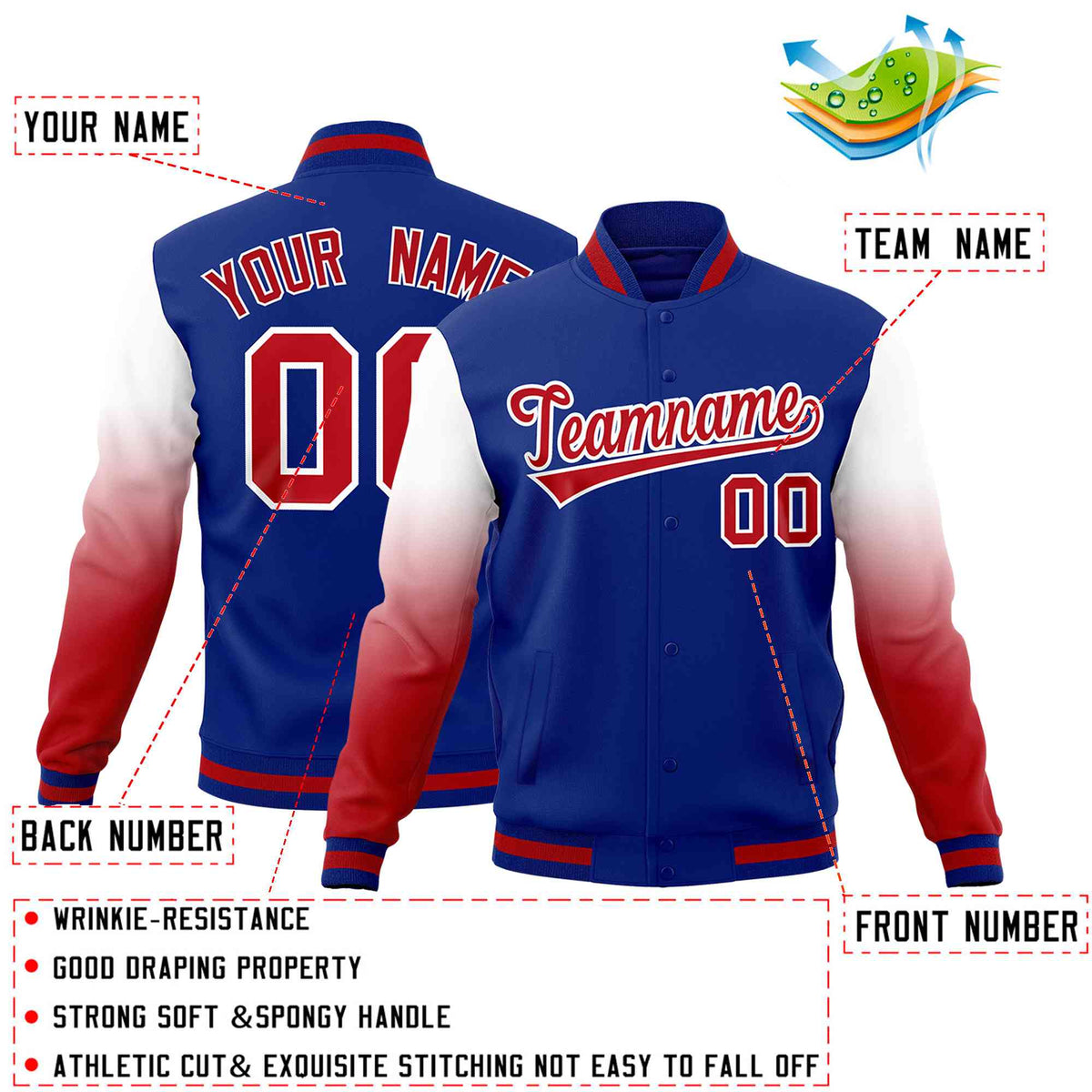 Custom Royal Blue White Red Full-Snap Varsity Raglan Sleeves Gradient Letterman Jacket| KXKSHOP