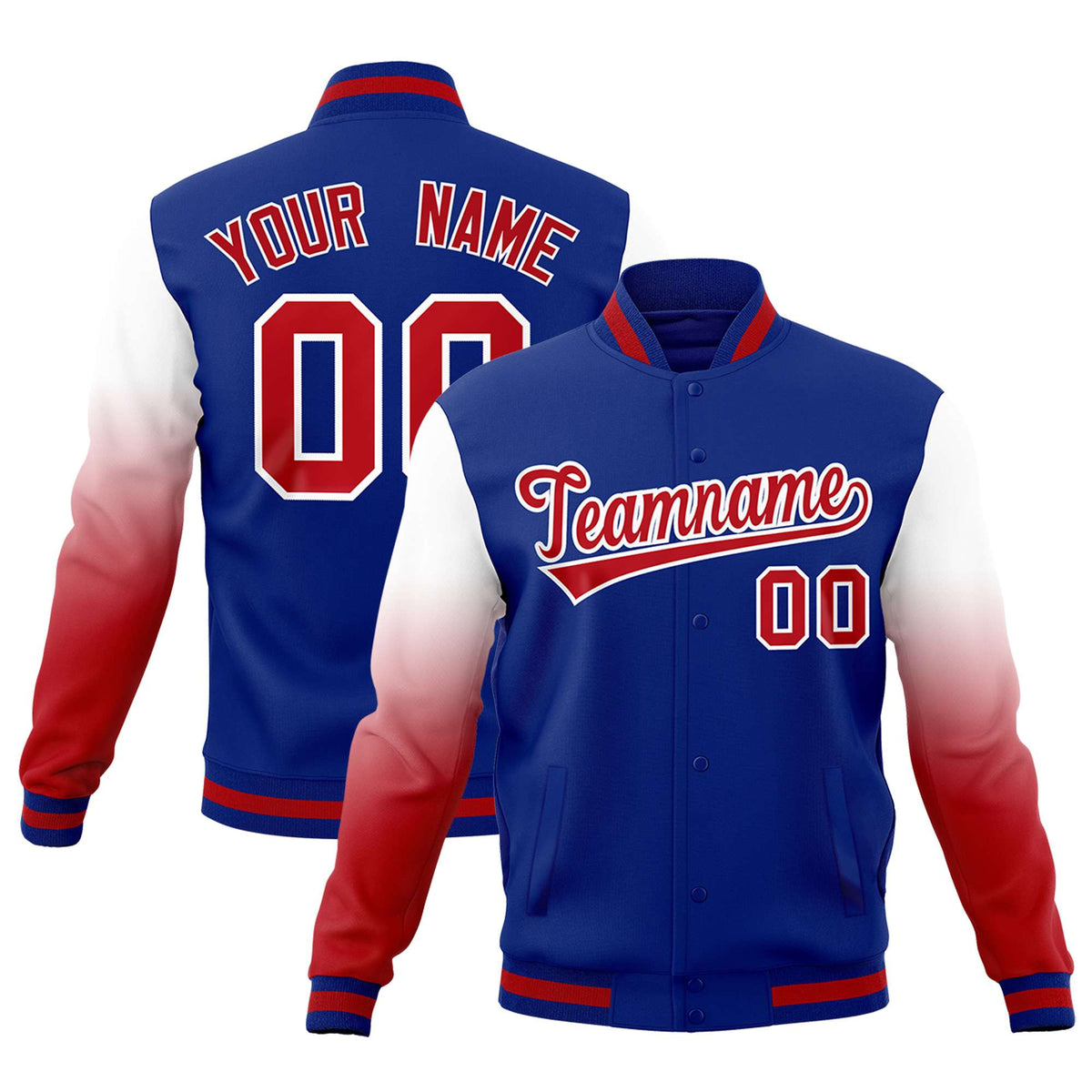 Custom Royal Blue White Red Full-Snap Varsity Raglan Sleeves Gradient Letterman Jacket| KXKSHOP