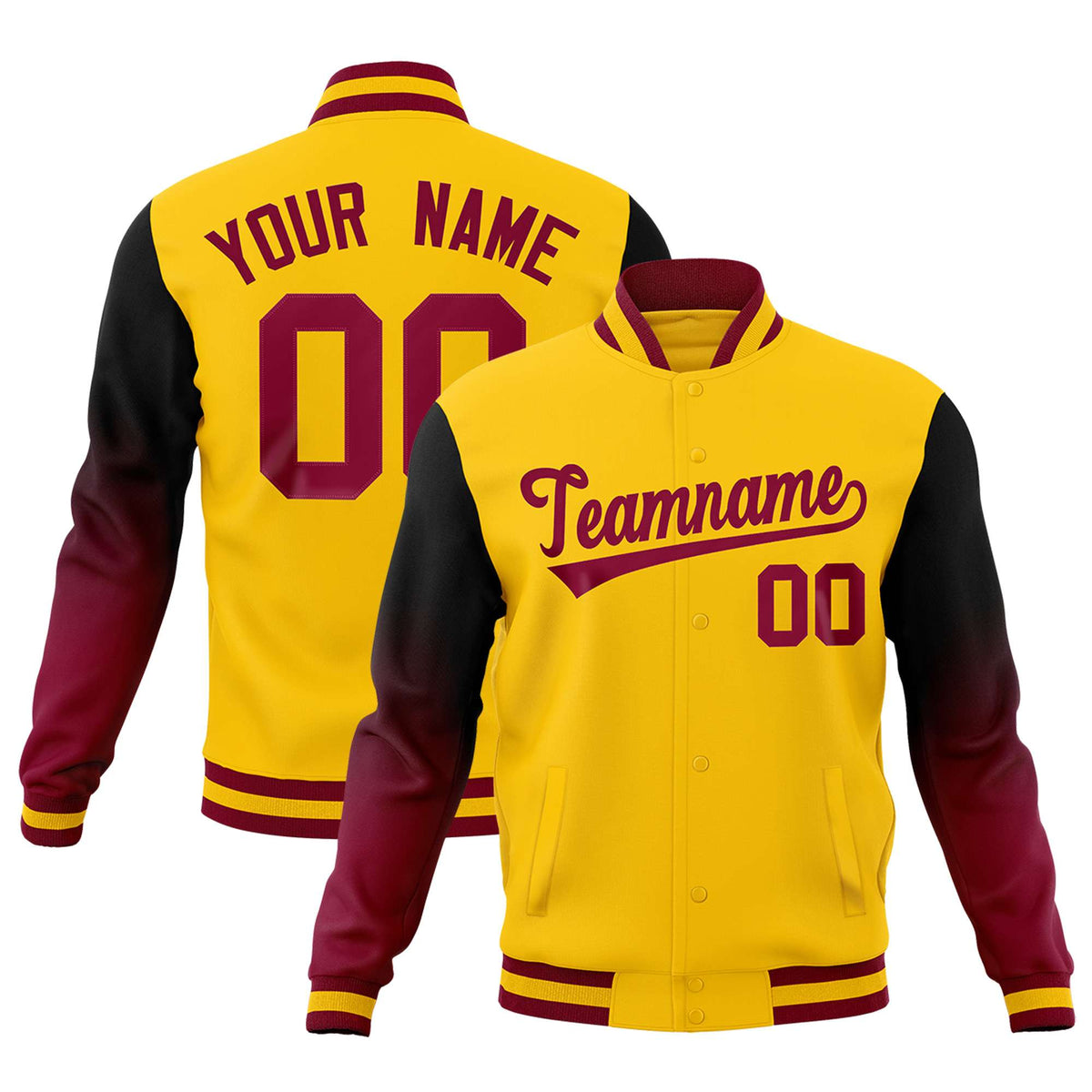 Custom Gold Black Crimson Full-Snap Varsity Raglan Sleeves Gradient Letterman Jacket| KXKSHOP