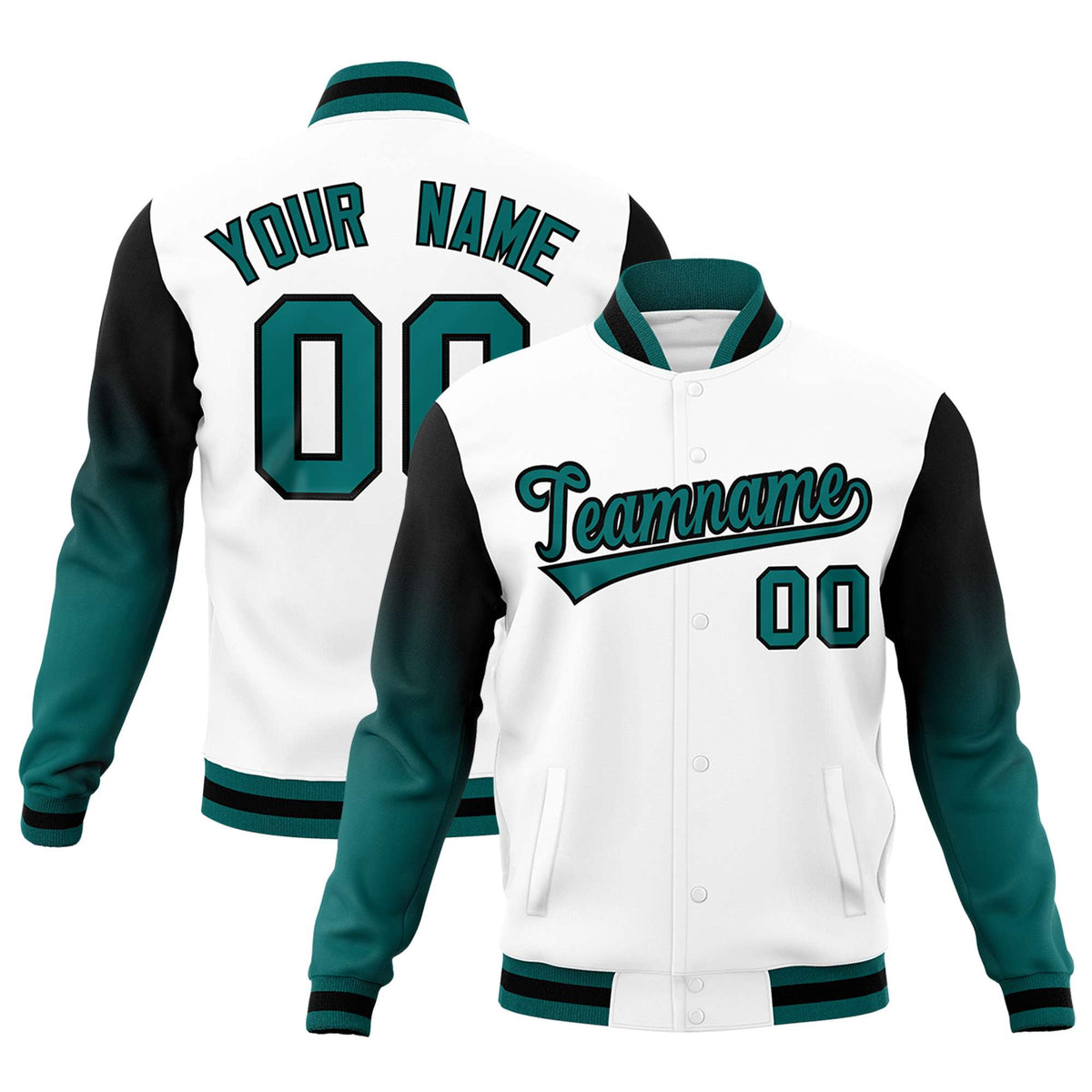 Custom White Teal Black Full-Snap Varsity Raglan Sleeves Gradient Letterman Jacket| KXKSHOP