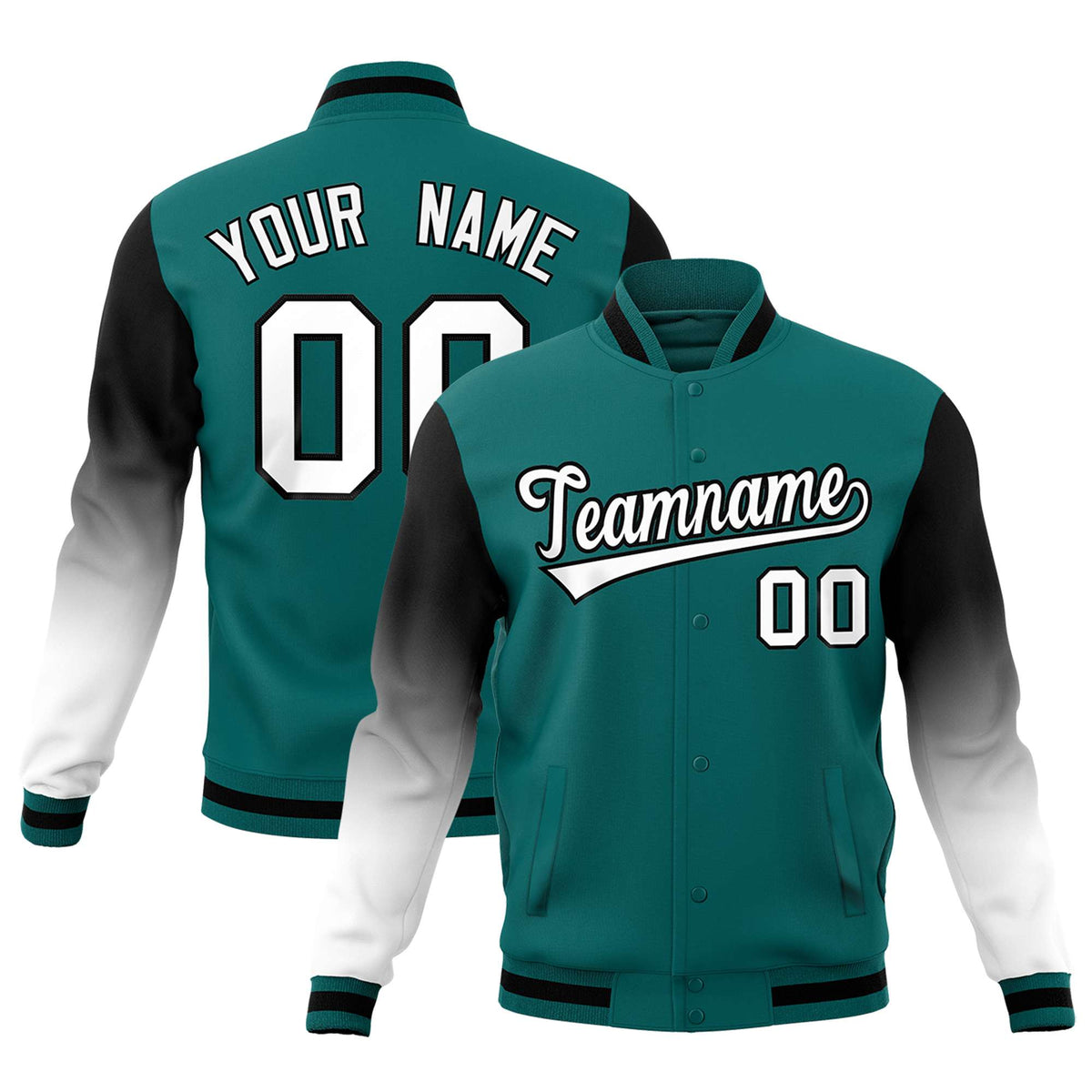 Custom Teal White Black Full-Snap Varsity Raglan Sleeves Gradient Letterman Jacket| KXKSHOP