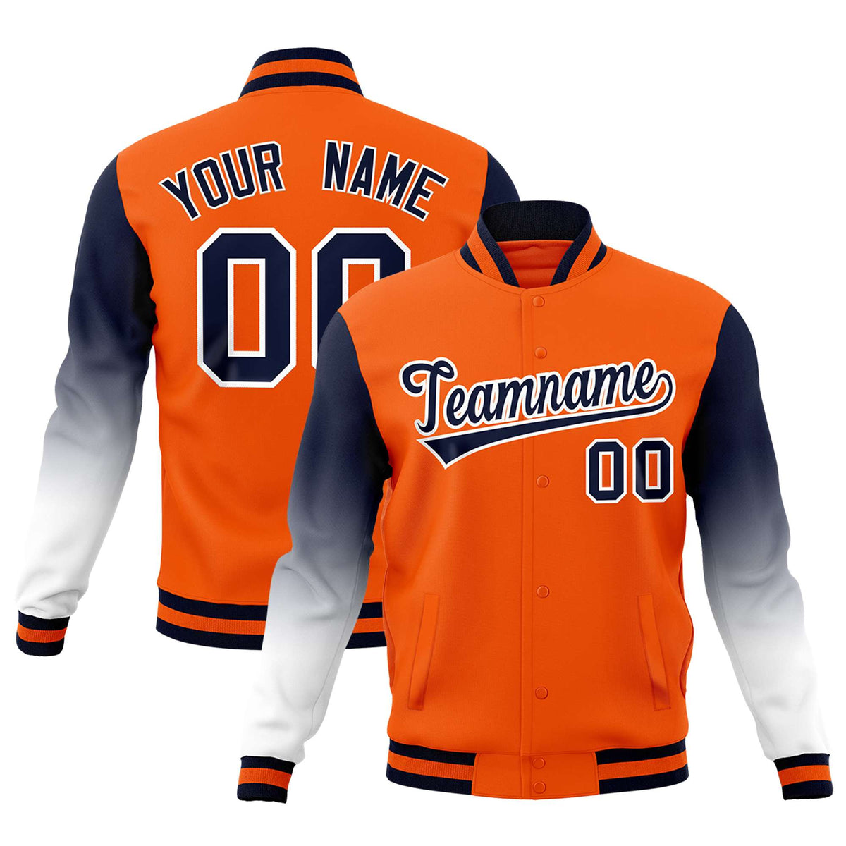 Custom Orange Navy White Full-Snap Varsity Raglan Sleeves Gradient Letterman Jacket| KXKSHOP