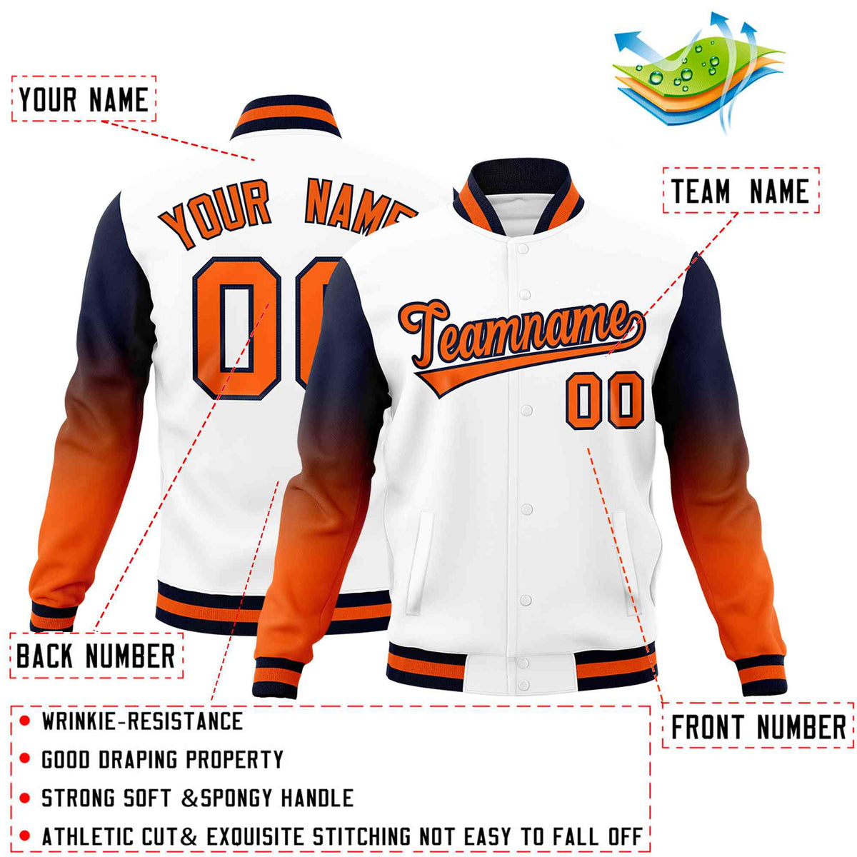Custom White Orange Navy Full-Snap Varsity Raglan Sleeves Gradient Letterman Jacket| KXKSHOP