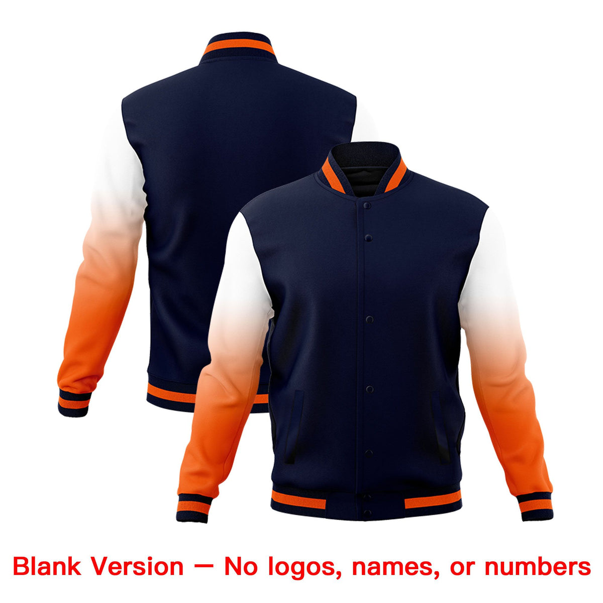Custom Navy Orange White Full-Snap Varsity Raglan Sleeves Gradient Letterman Jacket| KXKSHOP