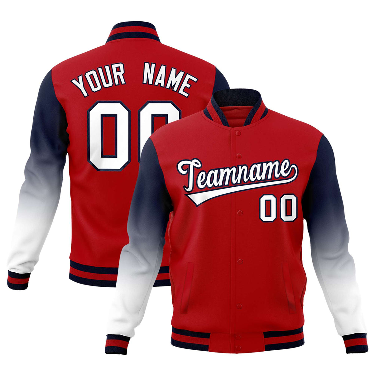 Custom Red White Navy Full-Snap Varsity Raglan Sleeves Gradient Letterman Jacket| KXKSHOP