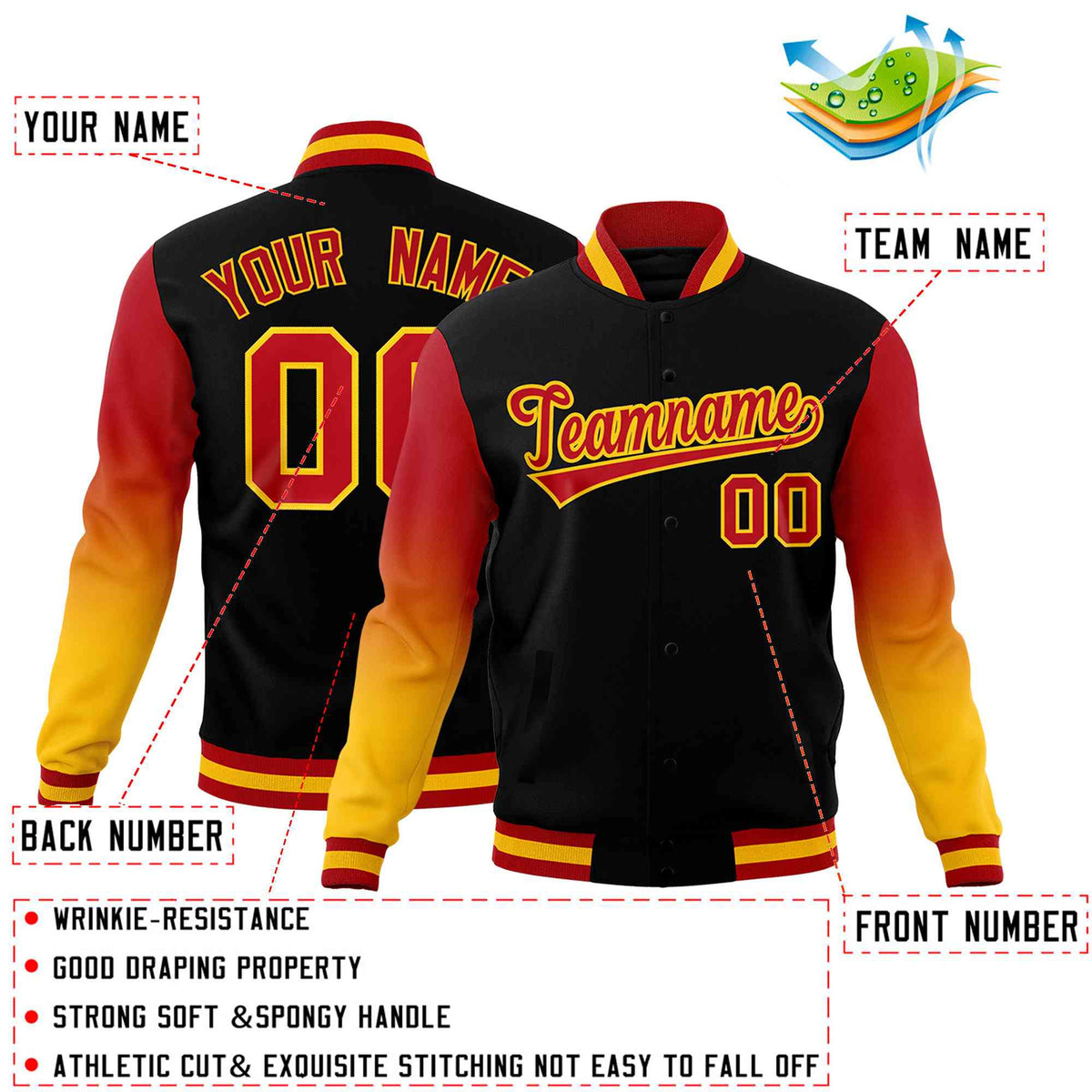 Custom Black Red Gold Full-Snap Varsity Raglan Sleeves Gradient Letterman Jacket| KXKSHOP
