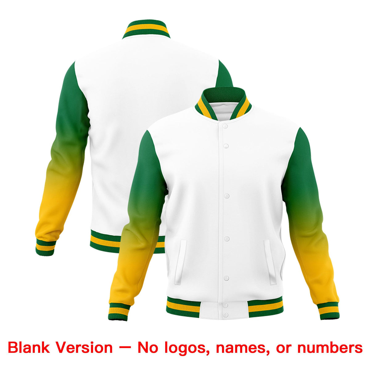 Custom White Kelly Green Gold Full-Snap Varsity Raglan Sleeves Gradient Letterman Jacket| KXKSHOP