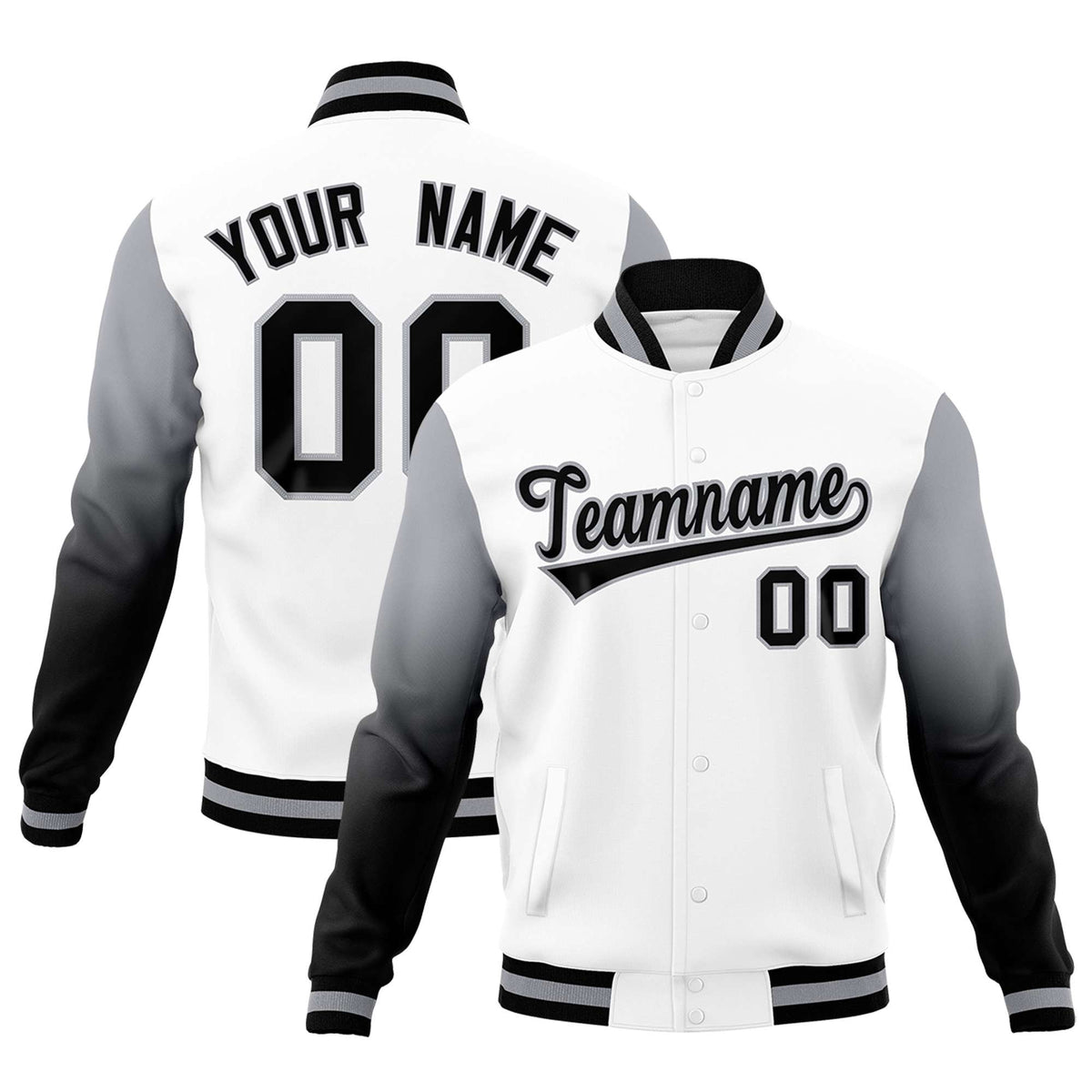 Custom White Black Gray Full-Snap Varsity Raglan Sleeves Gradient Letterman Jacket| KXKSHOP