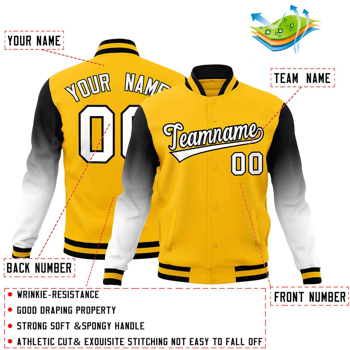 Custom Gold White Black Full-Snap Varsity Raglan Sleeves Gradient Letterman Jacket| KXKSHOP