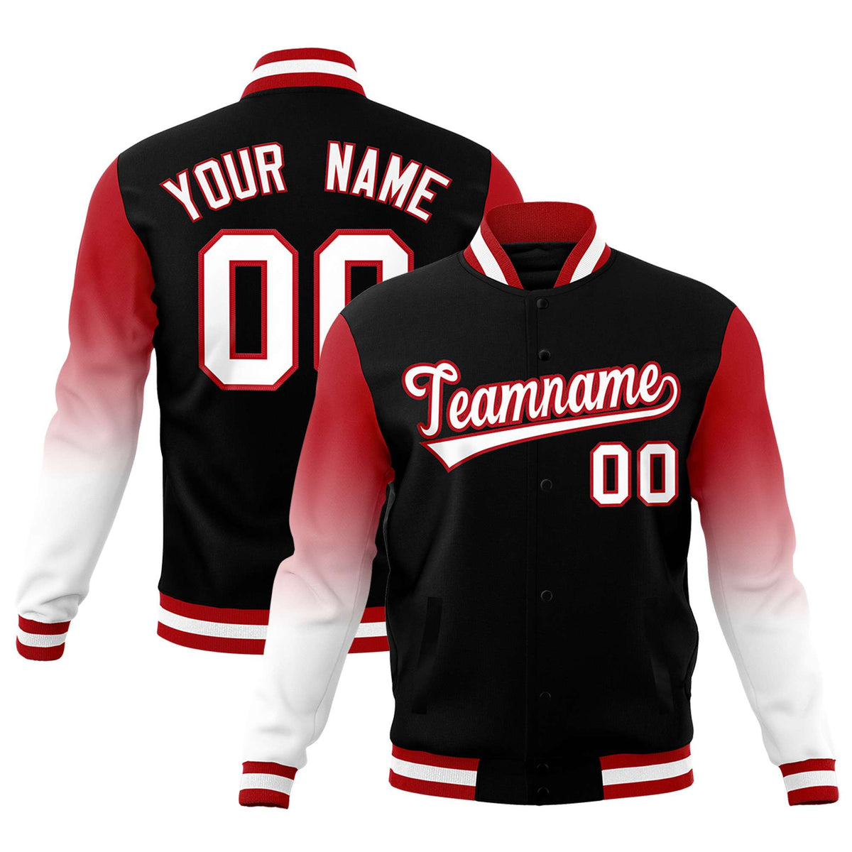 Custom Black White Red Full-Snap Varsity Raglan Sleeves Gradient Letterman Jacket| KXKSHOP