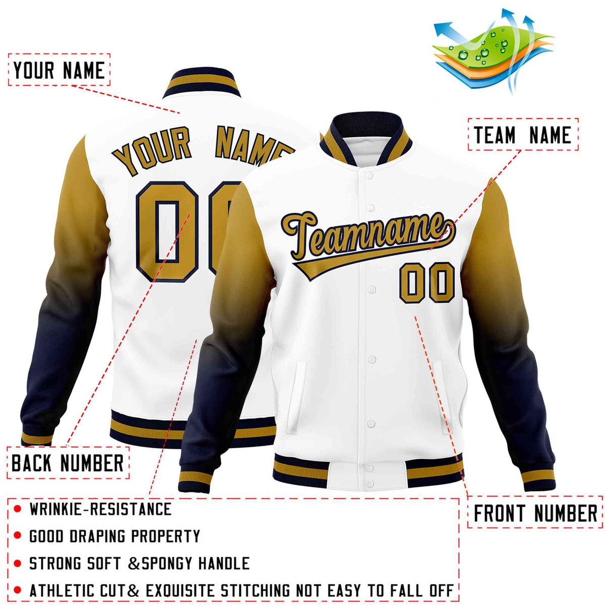 Custom White Old Gold Navy Full-Snap Varsity Raglan Sleeves Gradient Letterman Jacket| KXKSHOP