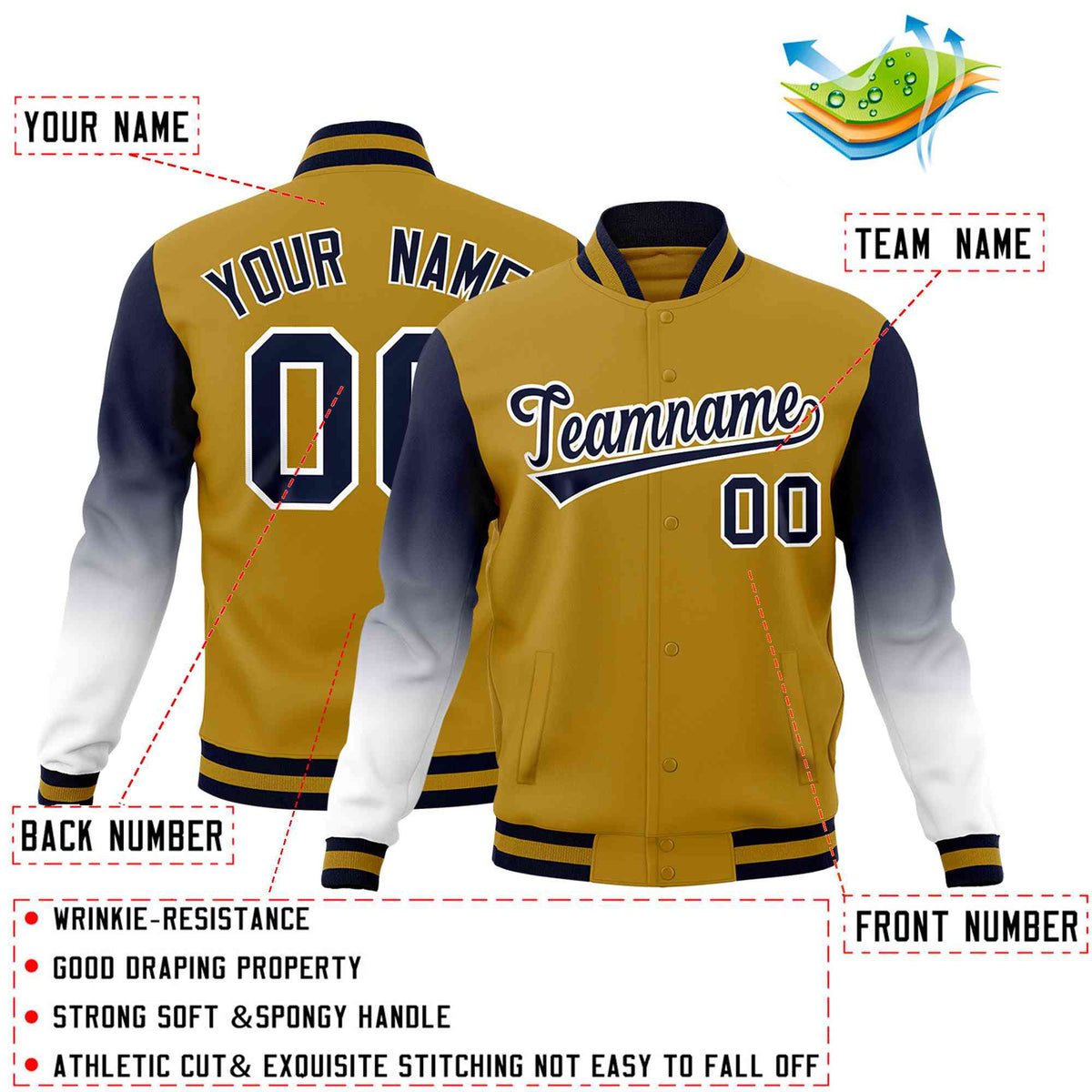 Custom Old Gold Navy White Full-Snap Varsity Raglan Sleeves Gradient Letterman Jacket| KXKSHOP