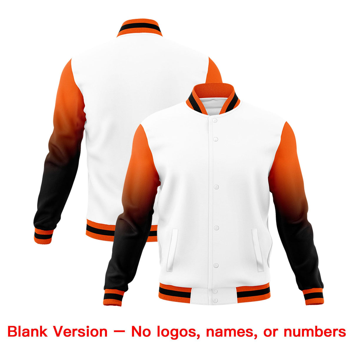 Custom White Orange Black Full-Snap Varsity Raglan Sleeves Gradient Letterman Jacket| KXKSHOP