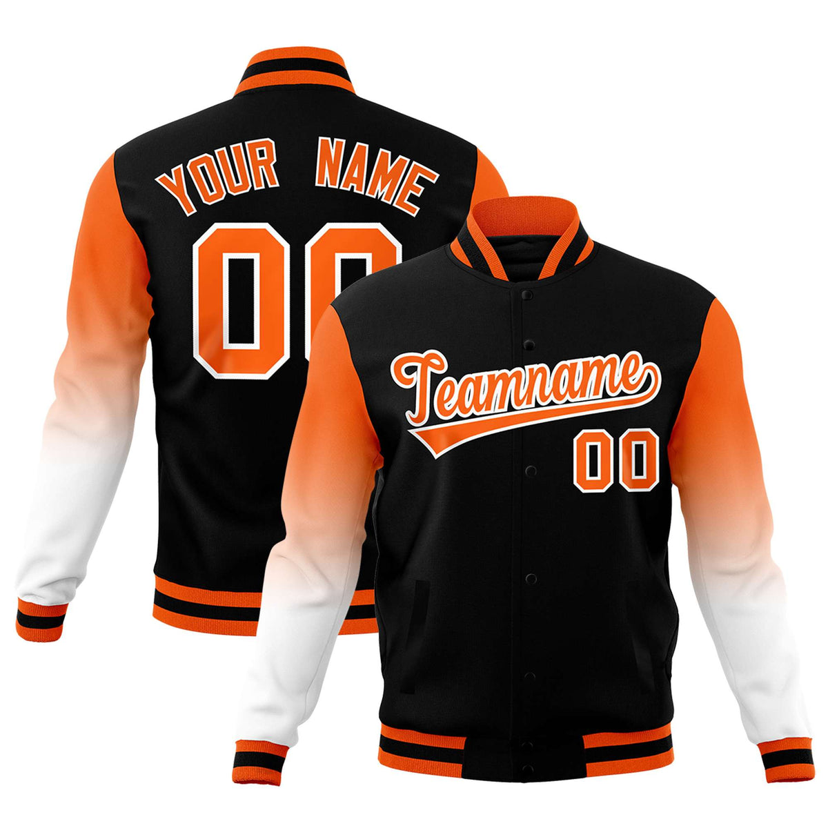 Custom Black Orange White Full-Snap Varsity Raglan Sleeves Gradient Letterman Jacket| KXKSHOP