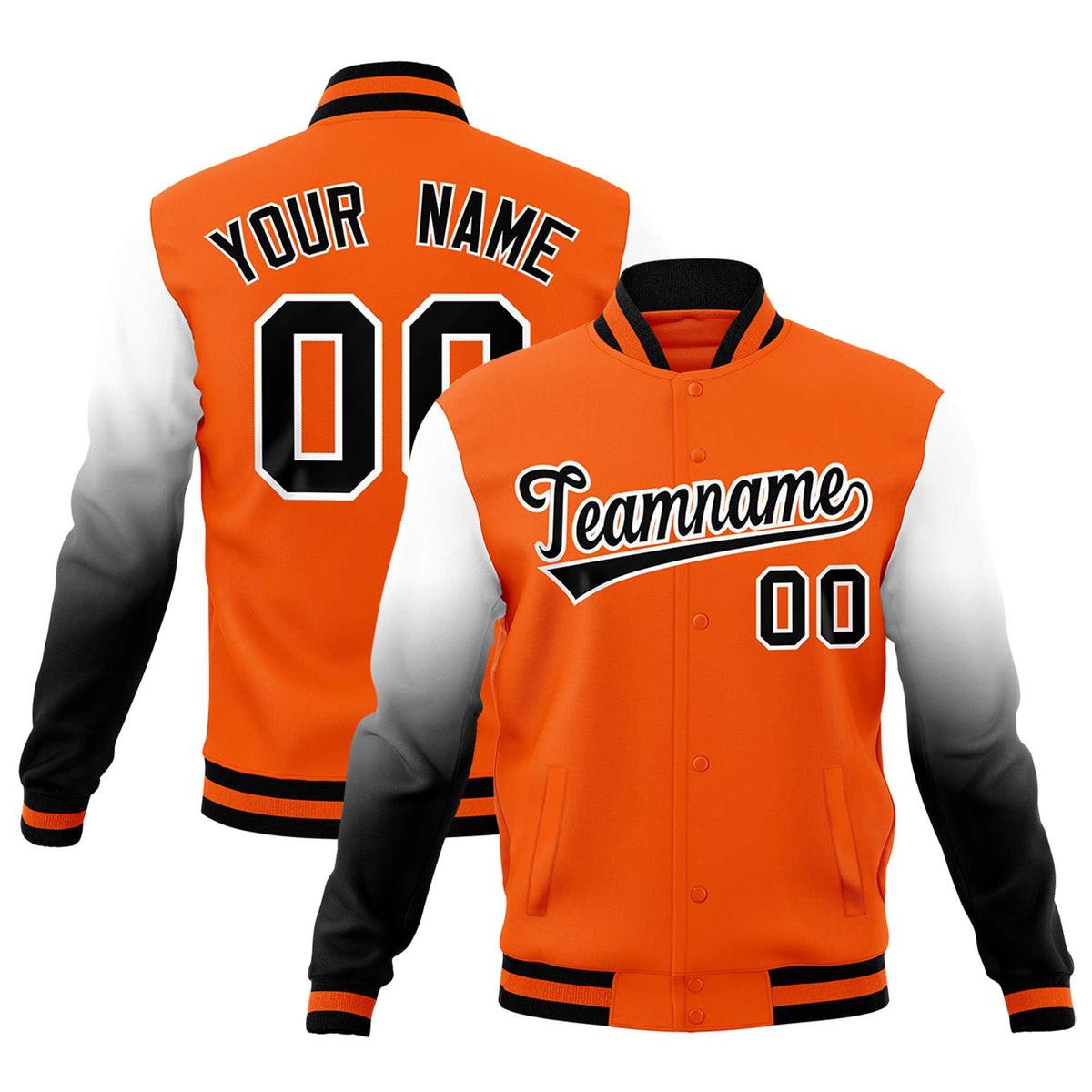 Custom Orange Black White Full-Snap Varsity Raglan Sleeves Gradient Letterman Jacket| KXKSHOP