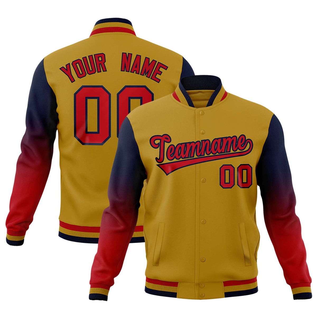 Custom Old Gold Red Navy Full-Snap Varsity Raglan Sleeves Gradient Letterman Jacket| KXKSHOP