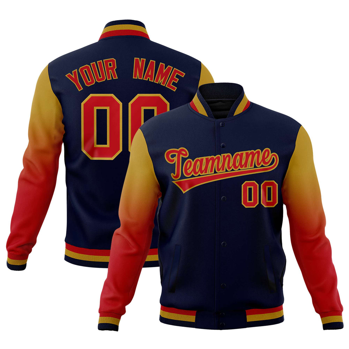 Custom Navy Red Old Gold Full-Snap Varsity Raglan Sleeves Gradient Letterman Jacket| KXKSHOP