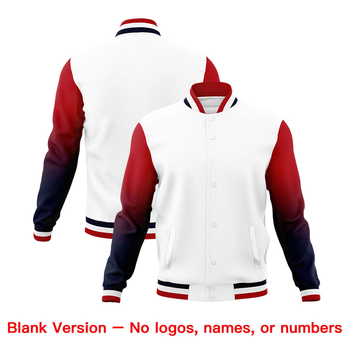 Custom White Navy Red Full-Snap Varsity Raglan Sleeves Gradient Letterman Jacket| KXKSHOP