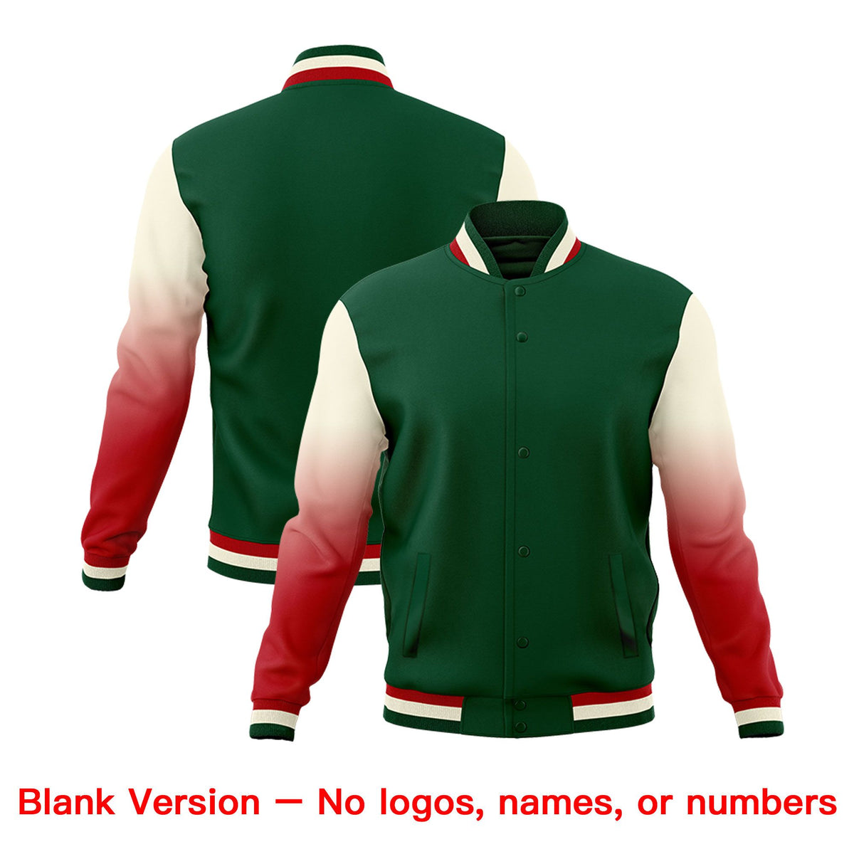 Custom Green Red Cream Full-Snap Varsity Raglan Sleeves Gradient Letterman Jacket| KXKSHOP