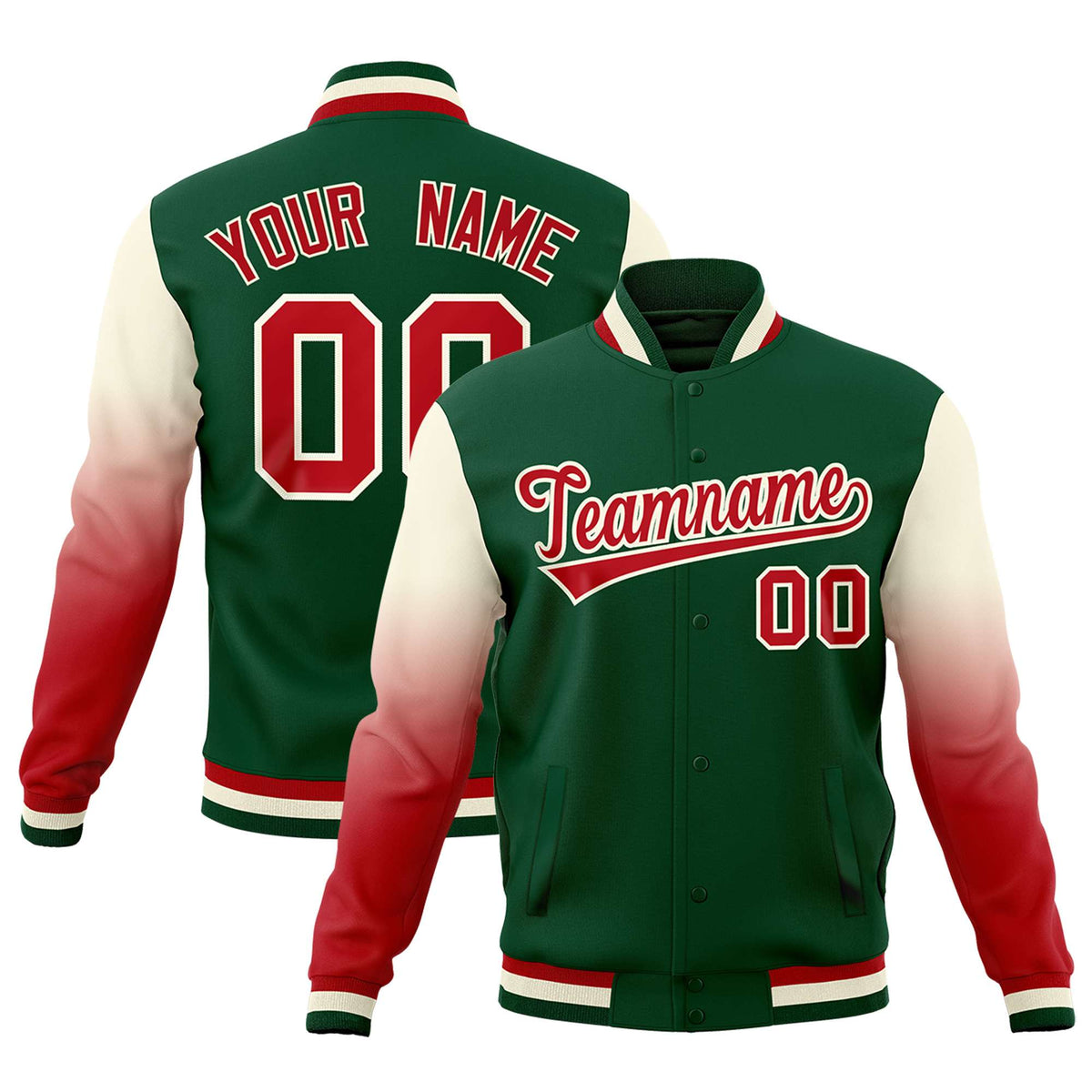 Custom Green Red Cream Full-Snap Varsity Raglan Sleeves Gradient Letterman Jacket| KXKSHOP