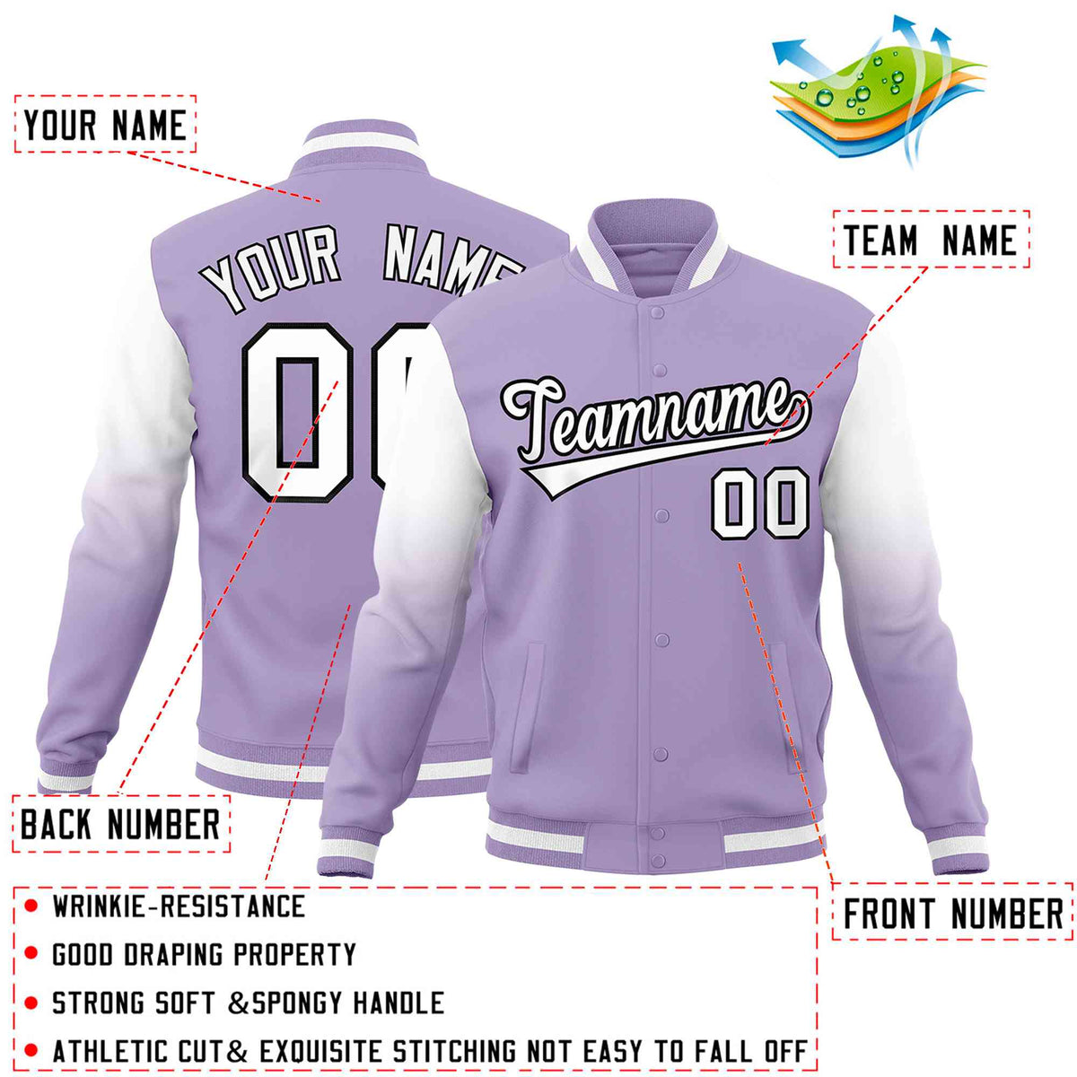 Custom Light Purple White Black Full-Snap Varsity Raglan Sleeves Gradient Letterman Jacket| KXKSHOP