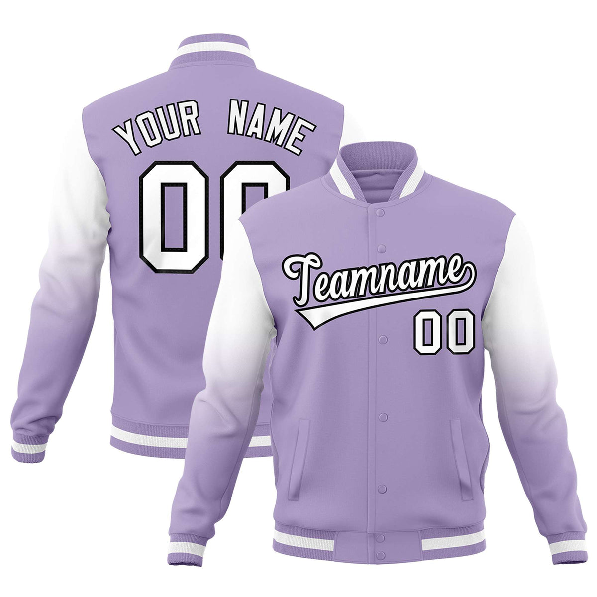 Custom Light Purple White Black Full-Snap Varsity Raglan Sleeves Gradient Letterman Jacket| KXKSHOP