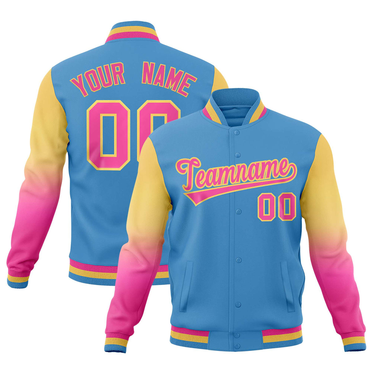 Custom Light blue Pink Cream Full-Snap Varsity Raglan Sleeves Gradient Letterman Jacket| KXKSHOP
