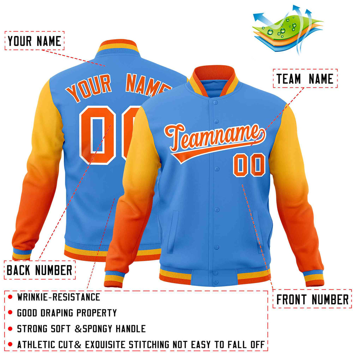 Custom Powder Blue Orange White Full-Snap Varsity Raglan Sleeves Gradient Letterman Jacket| KXKSHOP