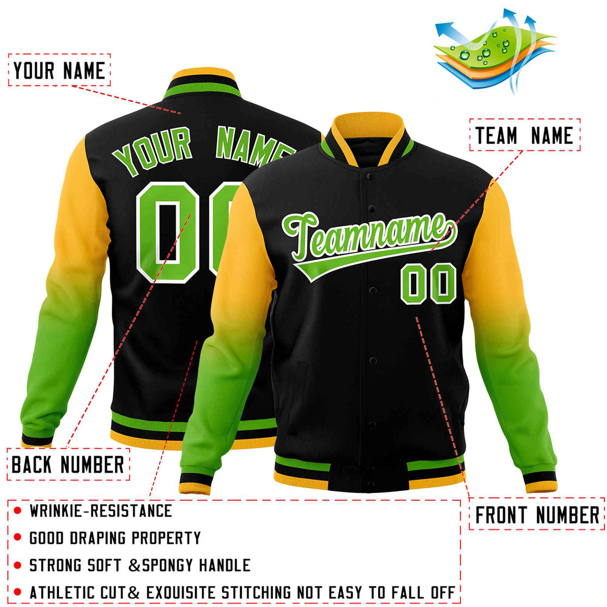 Custom Black Green White Full-Snap Varsity Raglan Sleeves Gradient Letterman Jacket| KXKSHOP