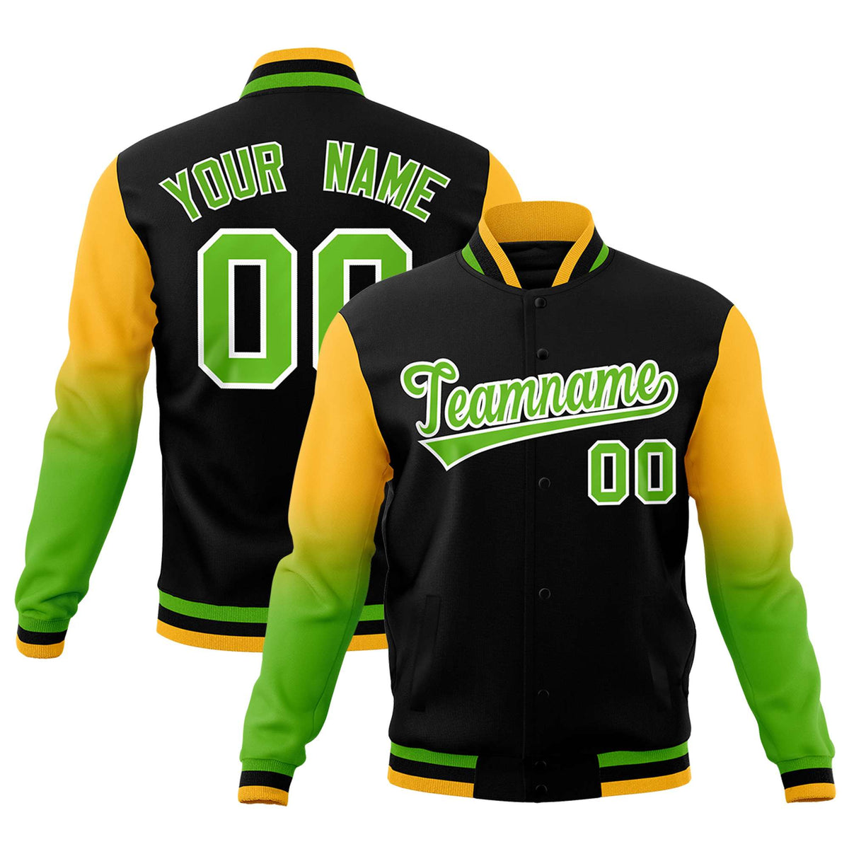 Custom Black Green White Full-Snap Varsity Raglan Sleeves Gradient Letterman Jacket| KXKSHOP