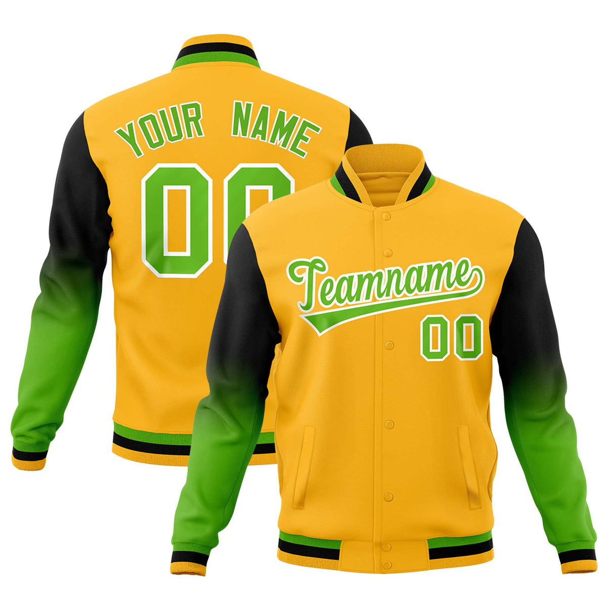 Custom Gold Green White Full-Snap Varsity Raglan Sleeves Gradient Letterman Jacket| KXKSHOP