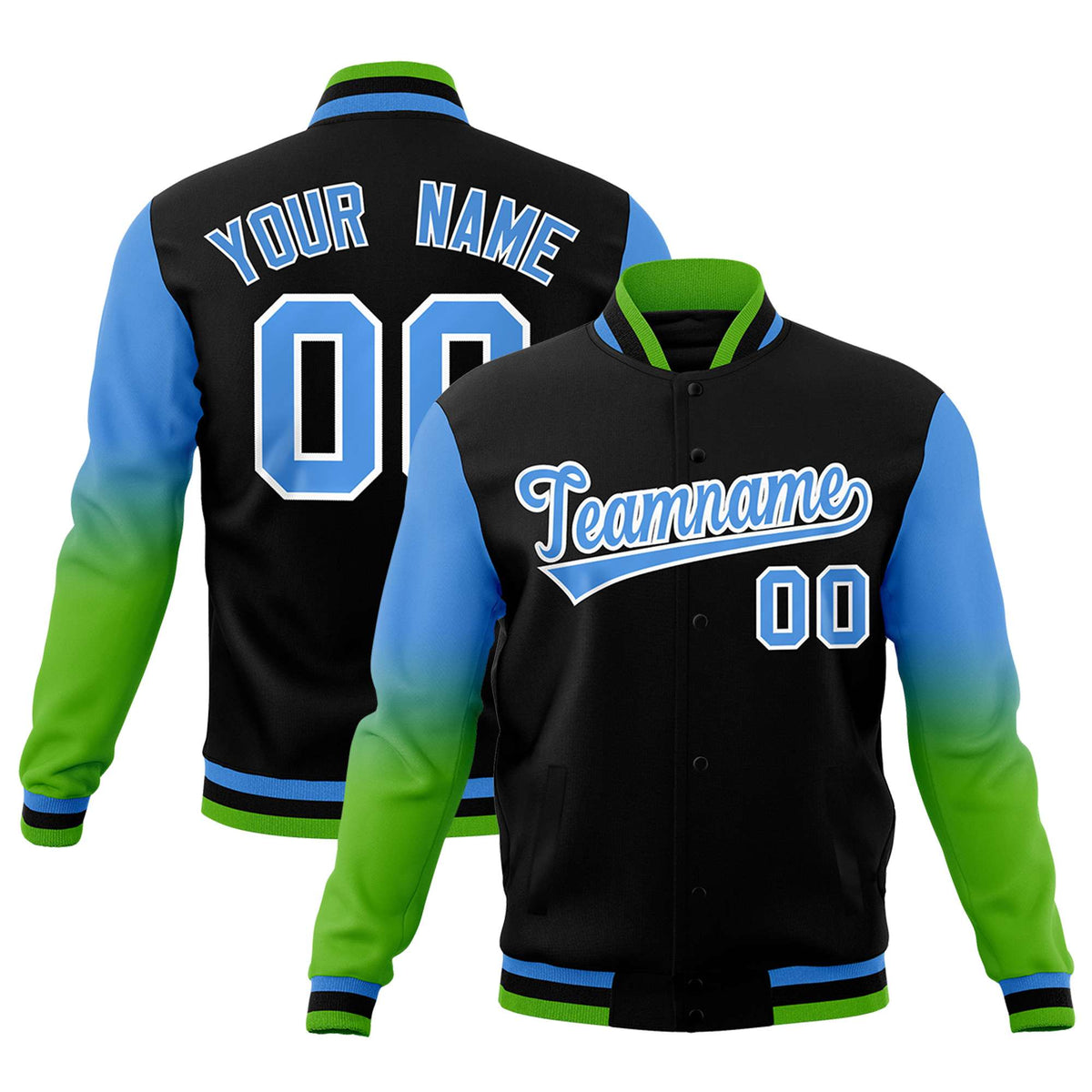 Custom Black Powder Blue White Full-Snap Varsity Raglan Sleeves Gradient Letterman Jacket| KXKSHOP