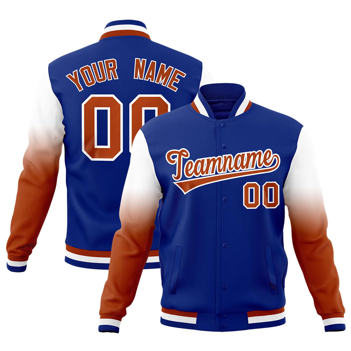 Custom Royal Blue Dark Orange White Full-Snap Varsity Raglan Sleeves Gradient Letterman Jacket| KXKSHOP