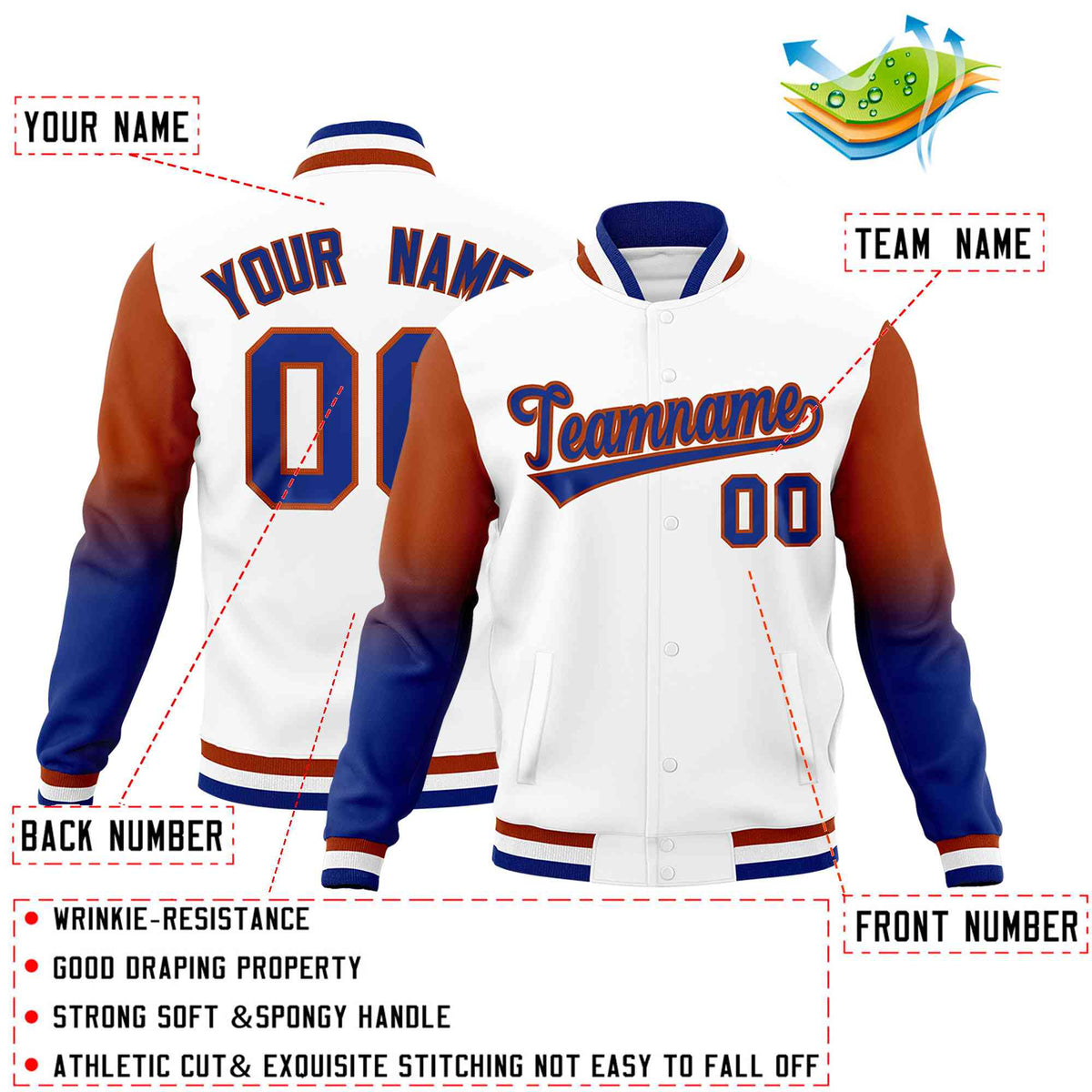 Custom White Royal Blue Dark Orange Full-Snap Varsity Raglan Sleeves Gradient Letterman Jacket| KXKSHOP