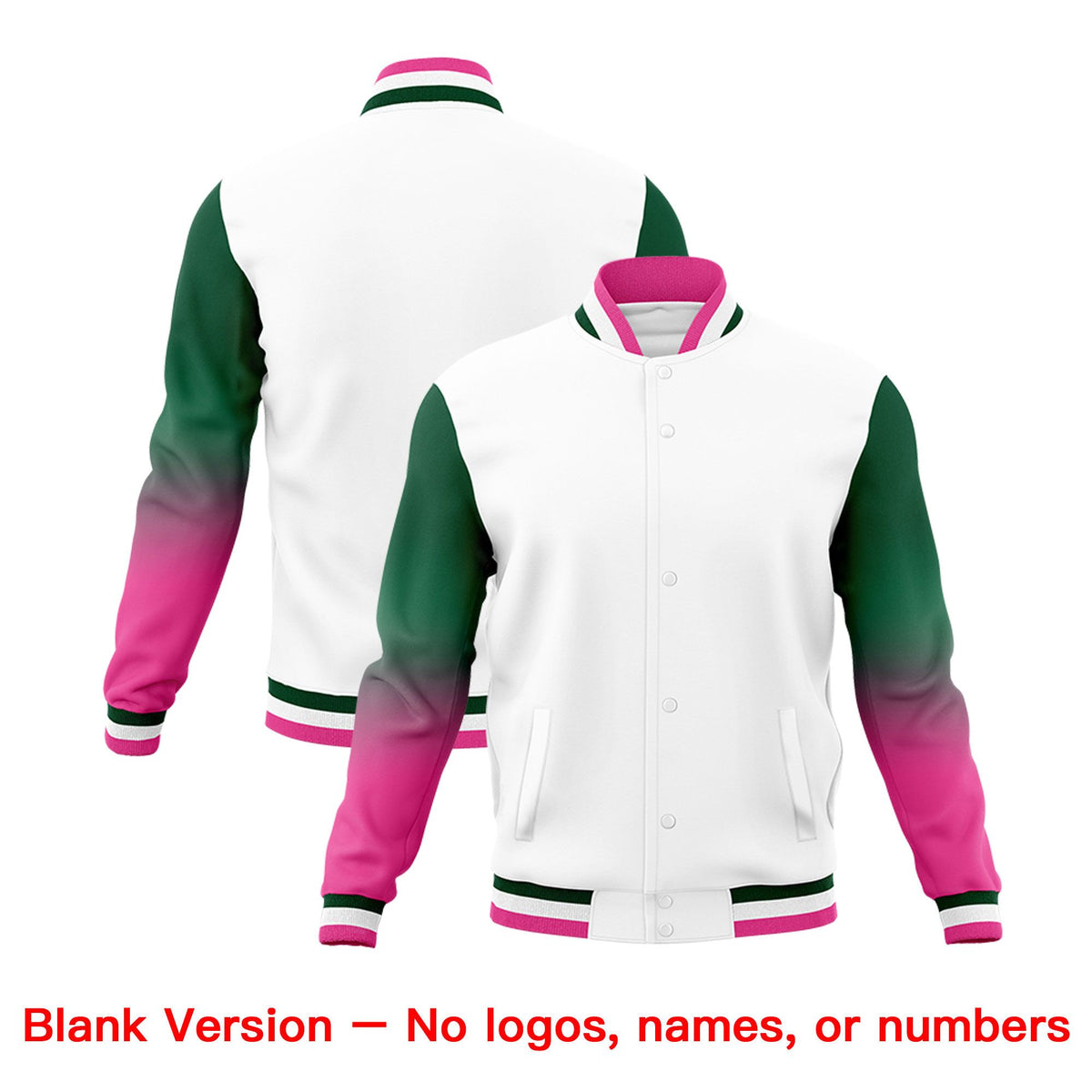 Custom White Green Pink Full-Snap Varsity Raglan Sleeves Gradient Letterman Jacket| KXKSHOP