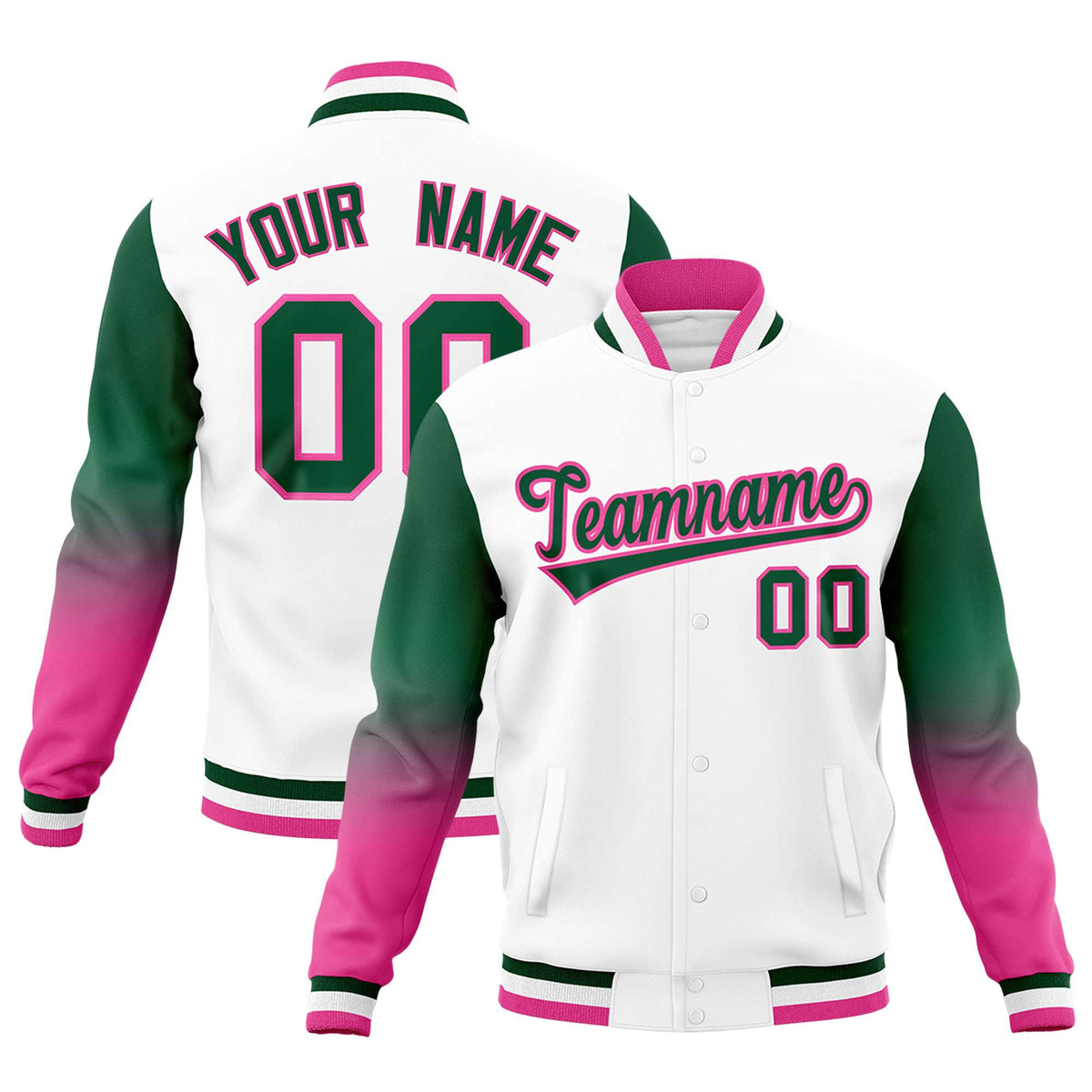 Custom White Green Pink Full-Snap Varsity Raglan Sleeves Gradient Letterman Jacket| KXKSHOP