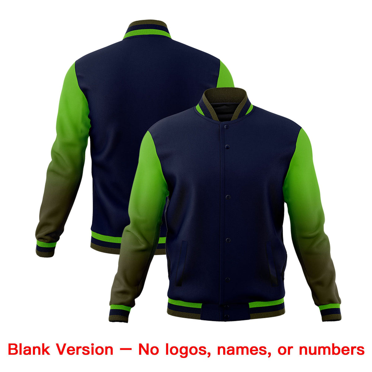 Custom Navy Green Olive Full-Snap Varsity Raglan Sleeves Gradient Letterman Jacket| KXKSHOP