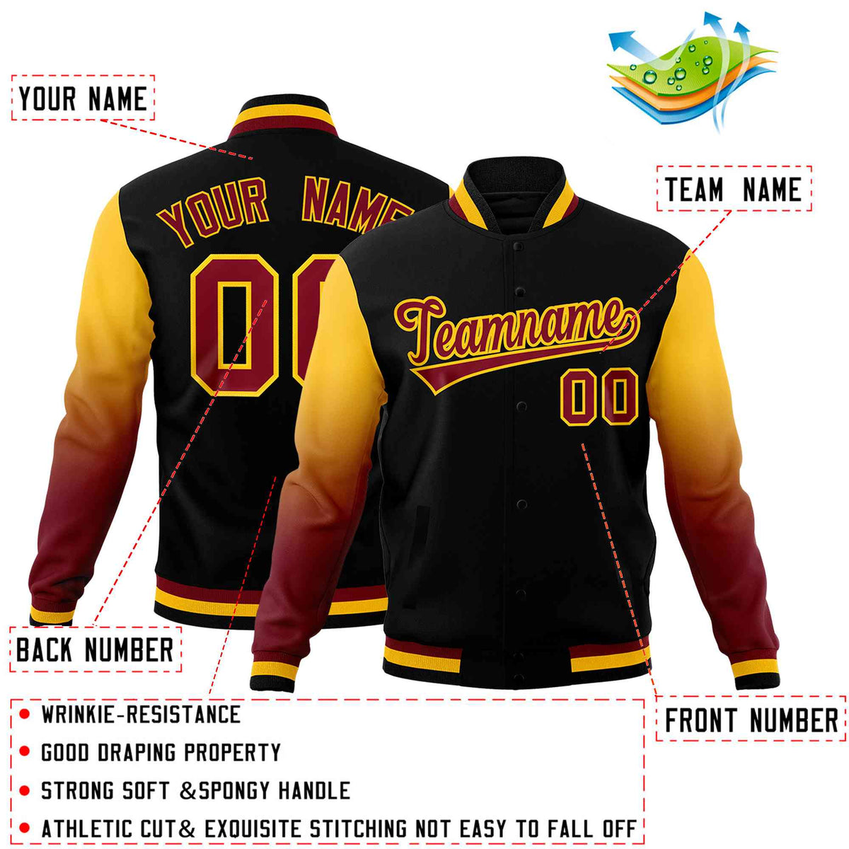 Custom Black Crimson Gold Full-Snap Varsity Raglan Sleeves Gradient Letterman Jacket| KXKSHOP