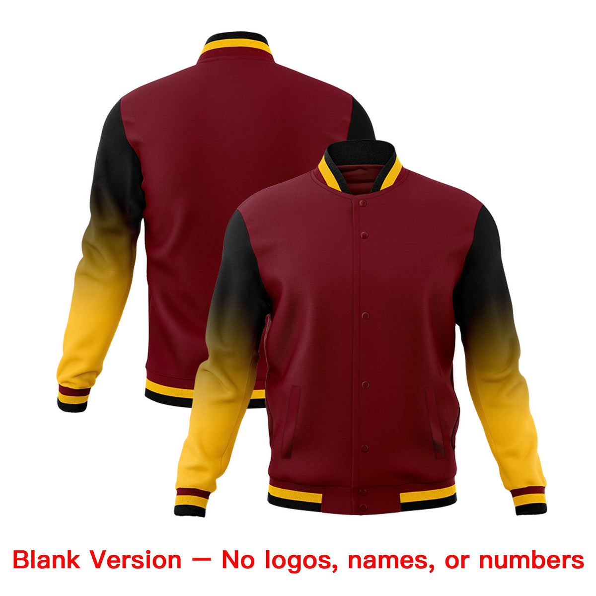 Custom Crimson Gold Black Full-Snap Varsity Raglan Sleeves Gradient Letterman Jacket| KXKSHOP