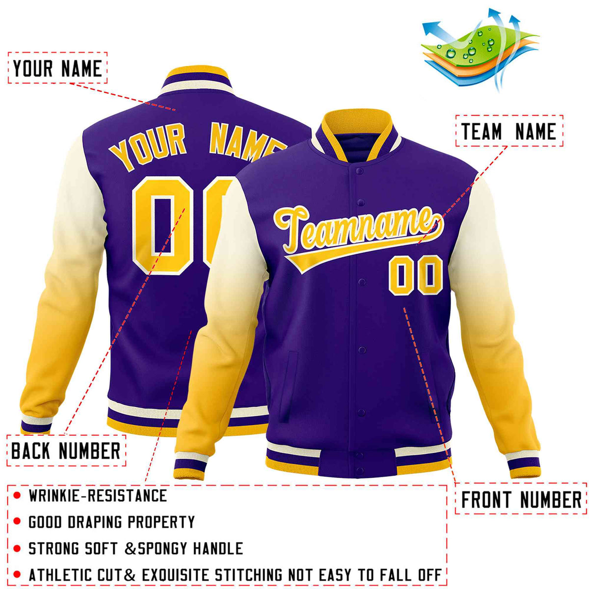 Custom Purple Gold White Full-Snap Varsity Raglan Sleeves Gradient Letterman Jacket| KXKSHOP