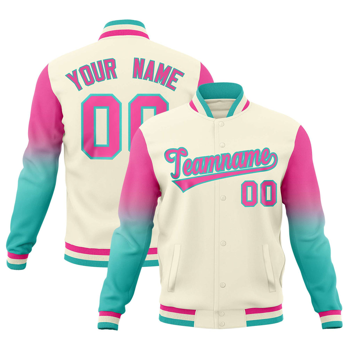Custom Cream Pink Bright Green Full-Snap Varsity Raglan Sleeves Gradient Letterman Jacket| KXKSHOP